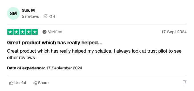 Customer review highlighting successful sciatica recovery